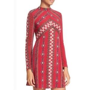 Free People Stella Printed Maroon Mock Neck Long Sleeve‎ Boho Mini Dress Size S